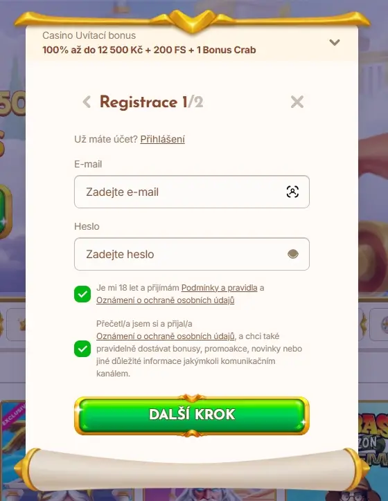 Druhé okno pro vyplnění údajů při registraci do BetHall Casino