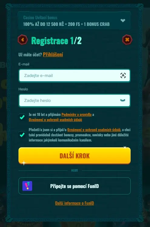 Registrační formulář nového uživatele Spinanga Casino